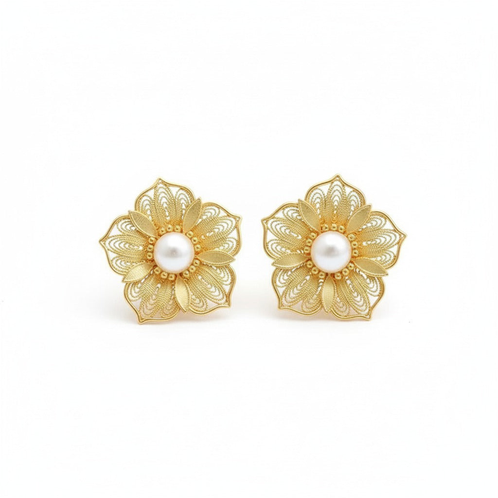 Sakura Filigree Inlay Stud Earrings | Semi-Handmade Gold-Plated Silver Jewelry