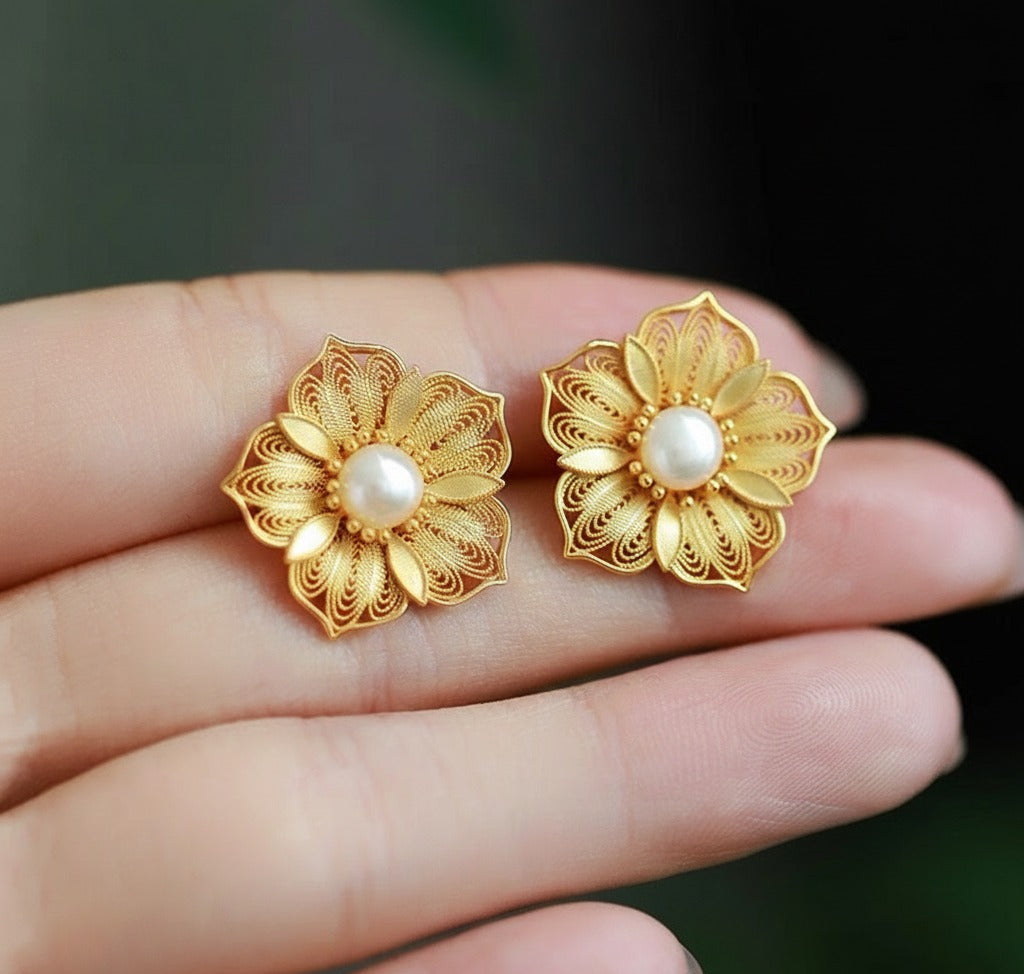 Sakura Filigree Inlay Stud Earrings | Semi-Handmade Gold-Plated Silver Jewelry