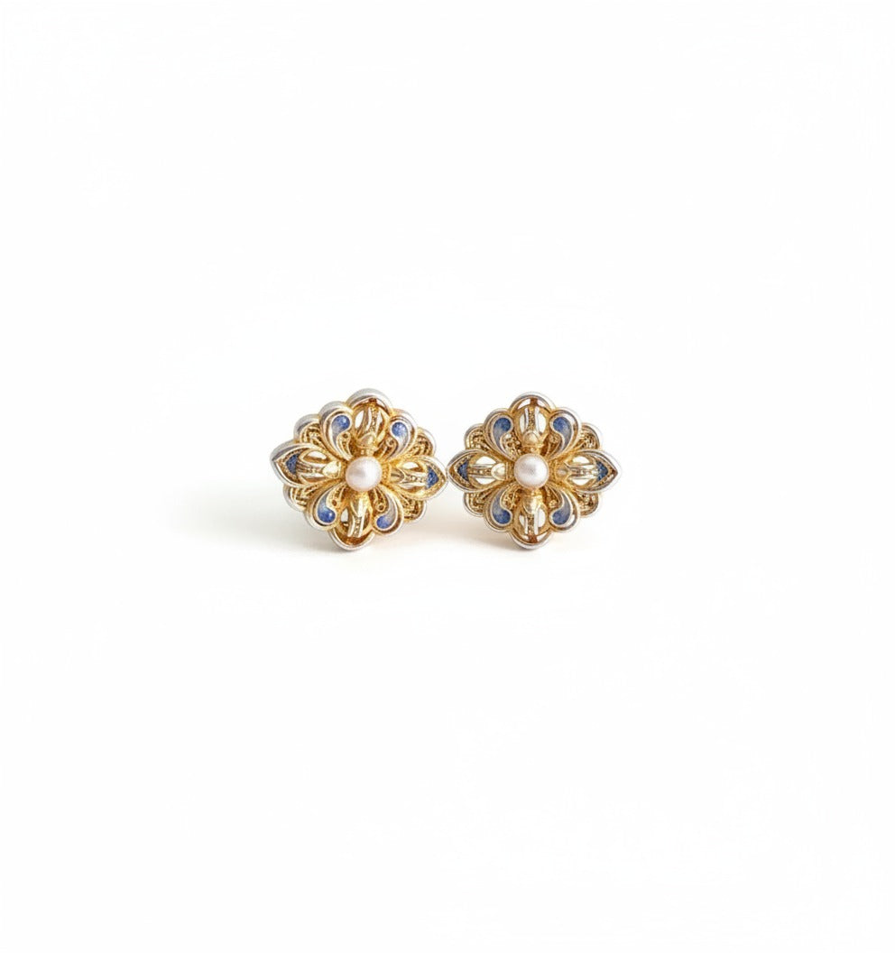 Blue & Gold Enamel Stud Earrings | Semi-Handmade Oriental Jewelry for Her