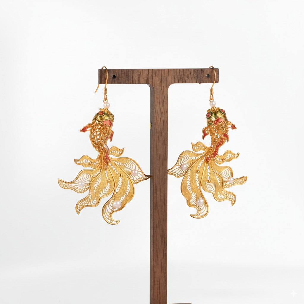 Filigree Koi Earrings | Semi-Handmade Oriental Lucky Jewelry for Her