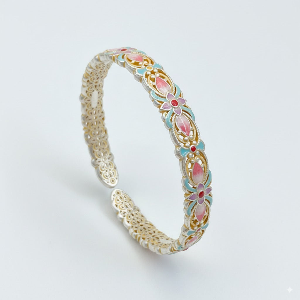Enamel Petal Silver Bracelet | Elegant Oriental Open Bangle for Women
