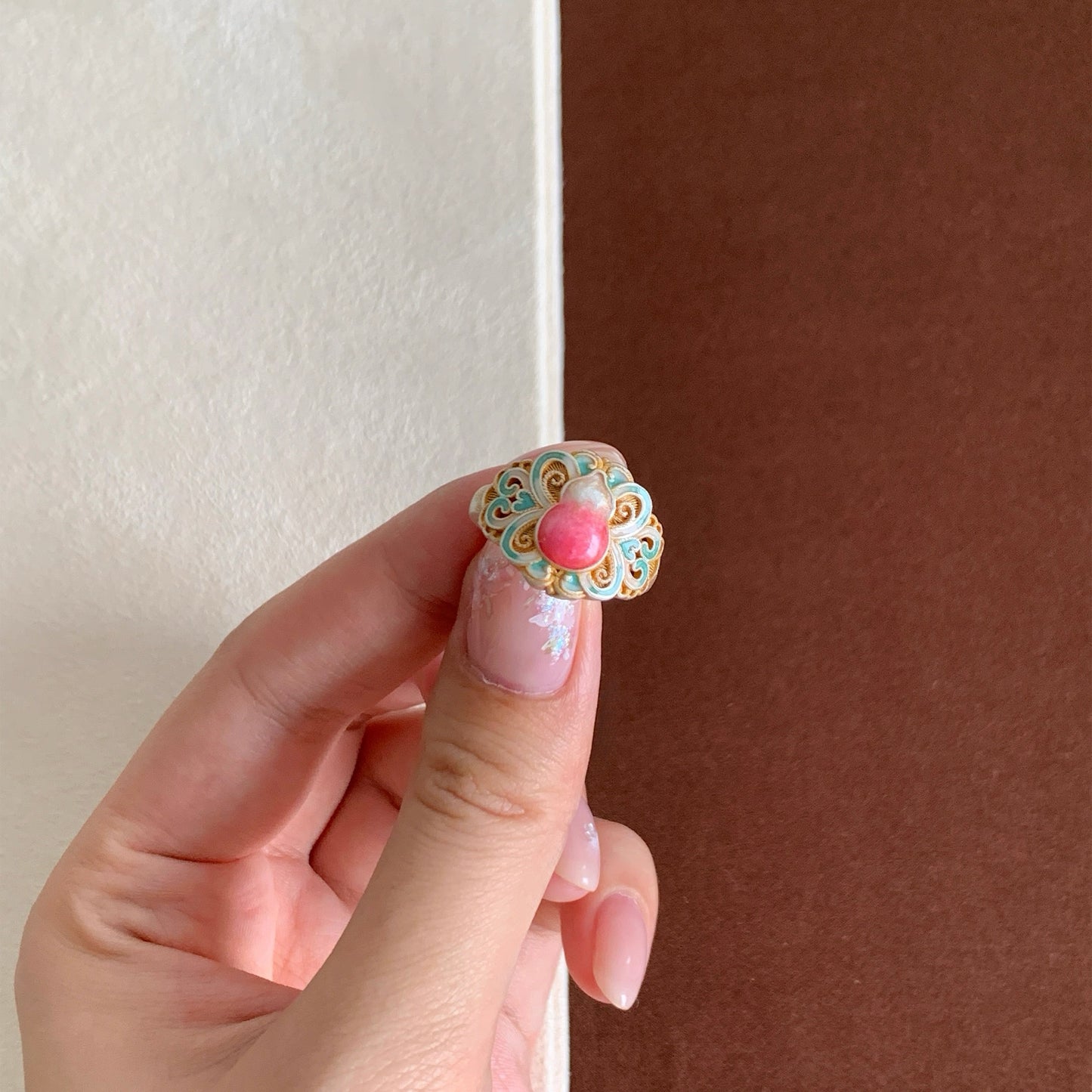 Enamel Gourd Silver Ring | Oriental Lucky Jewelry for Women