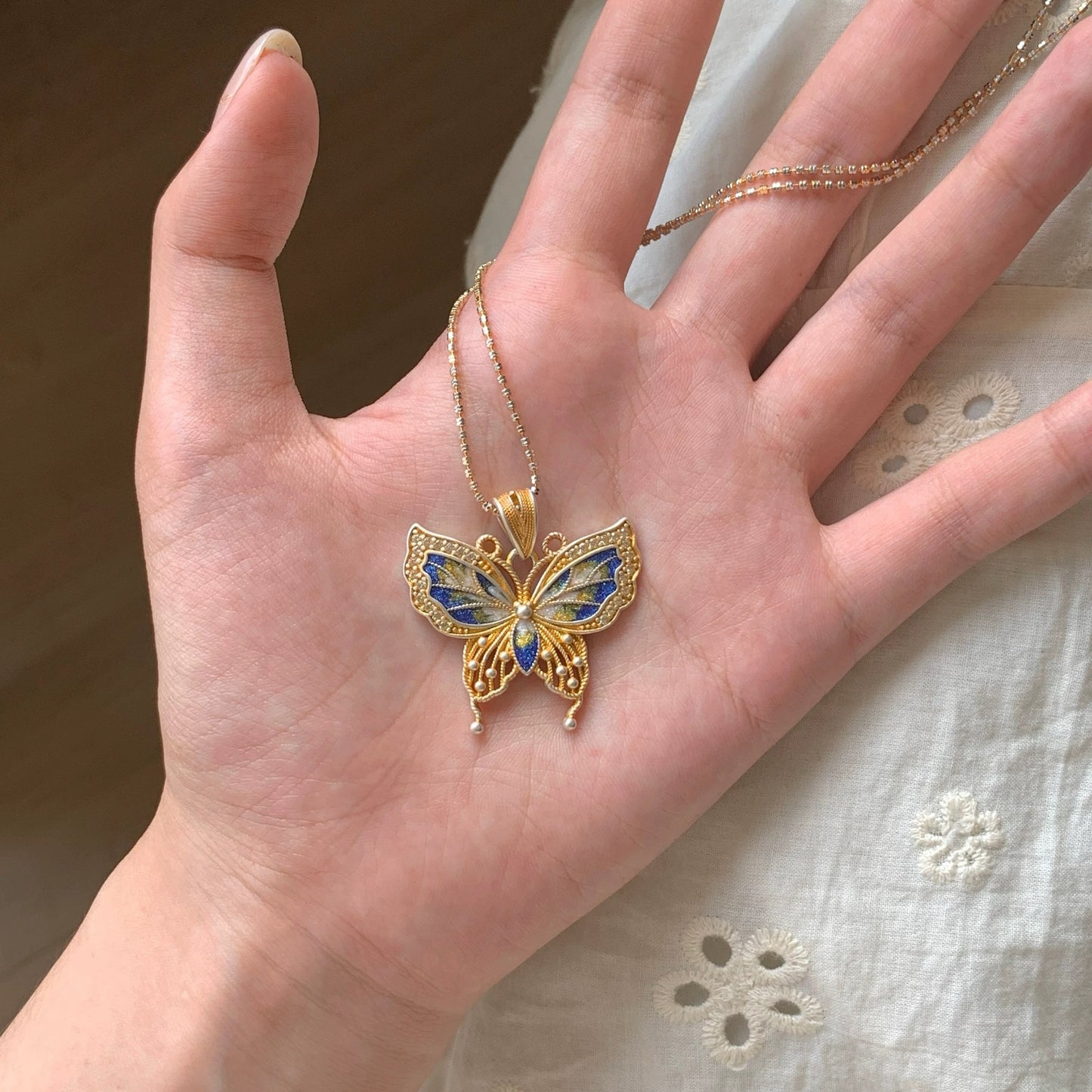 Butterfly Enamel Hollow Silver Pendant | Oriental Graceful Jewelry for Her