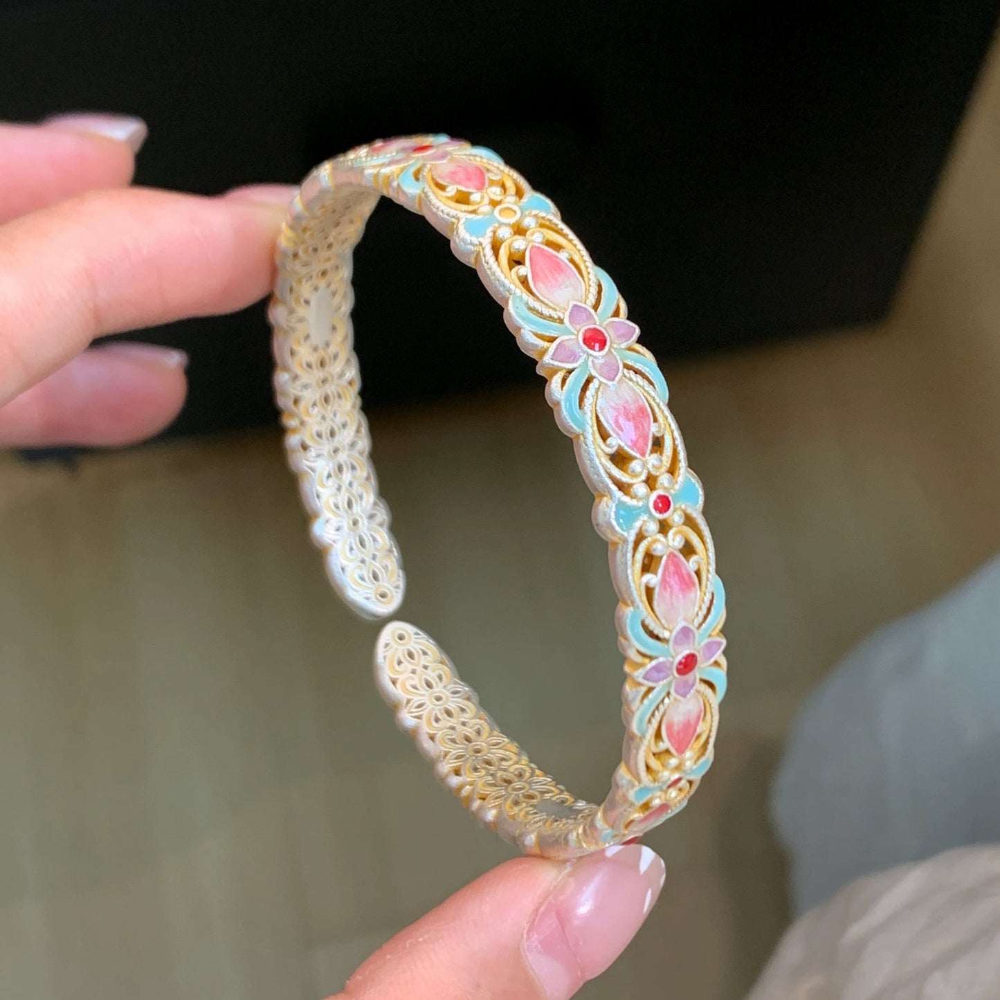 Enamel Petal Silver Bracelet | Elegant Oriental Open Bangle for Women