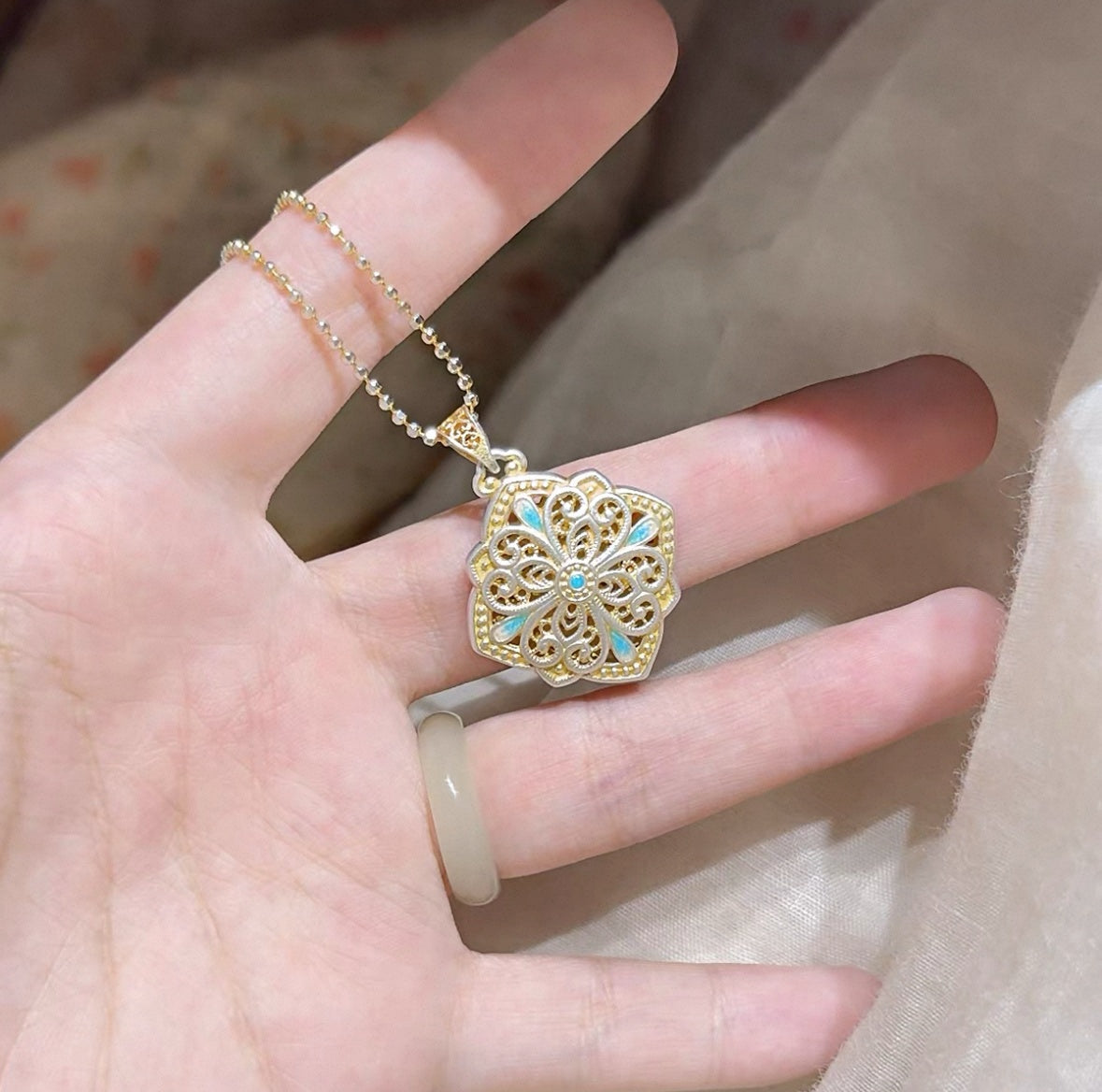 Enamel Hollow Silver Pendant | Oriental Handcrafted Jewelry for Women