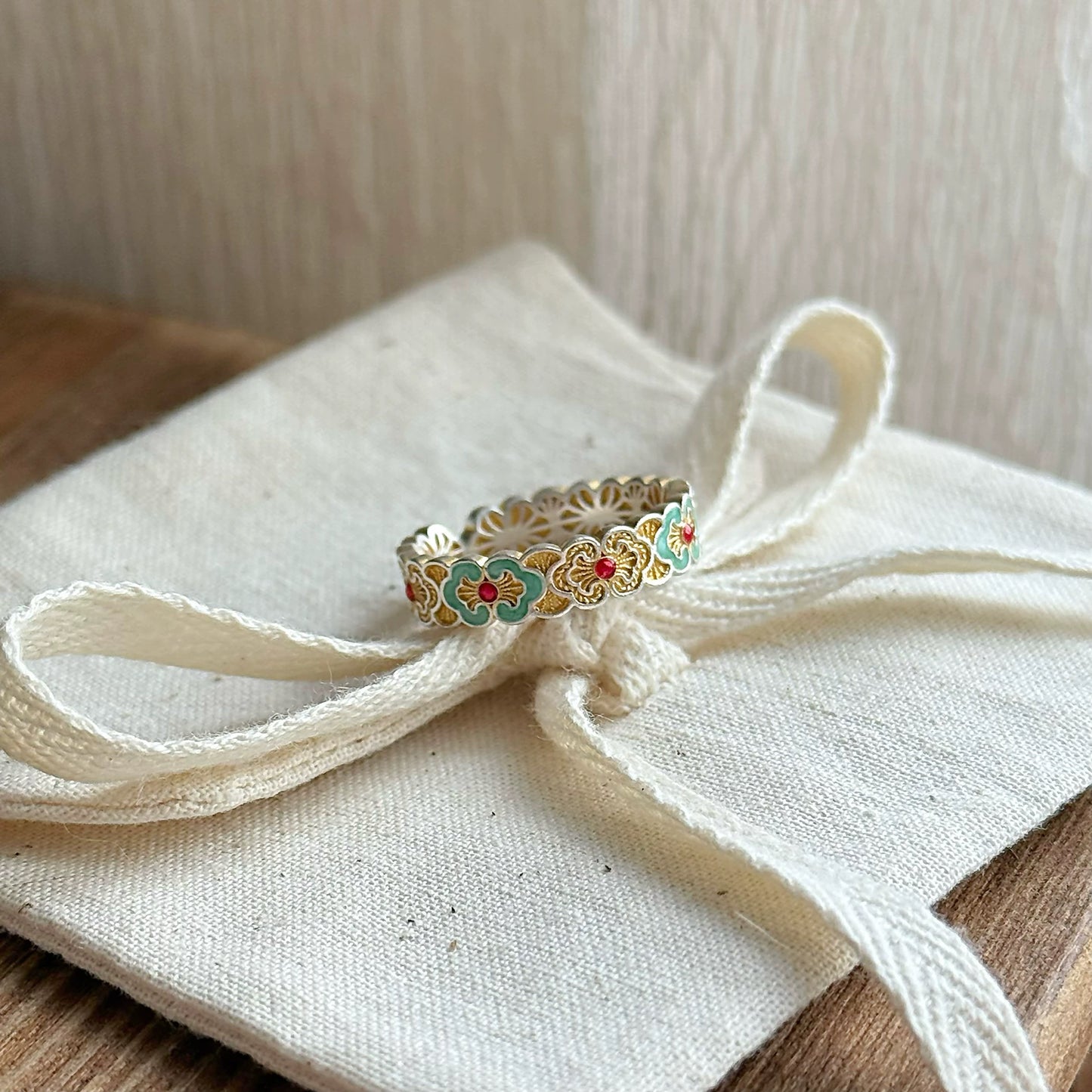Enamel Petal Silver Bracelet | Elegant Oriental Open Bangle for Women
