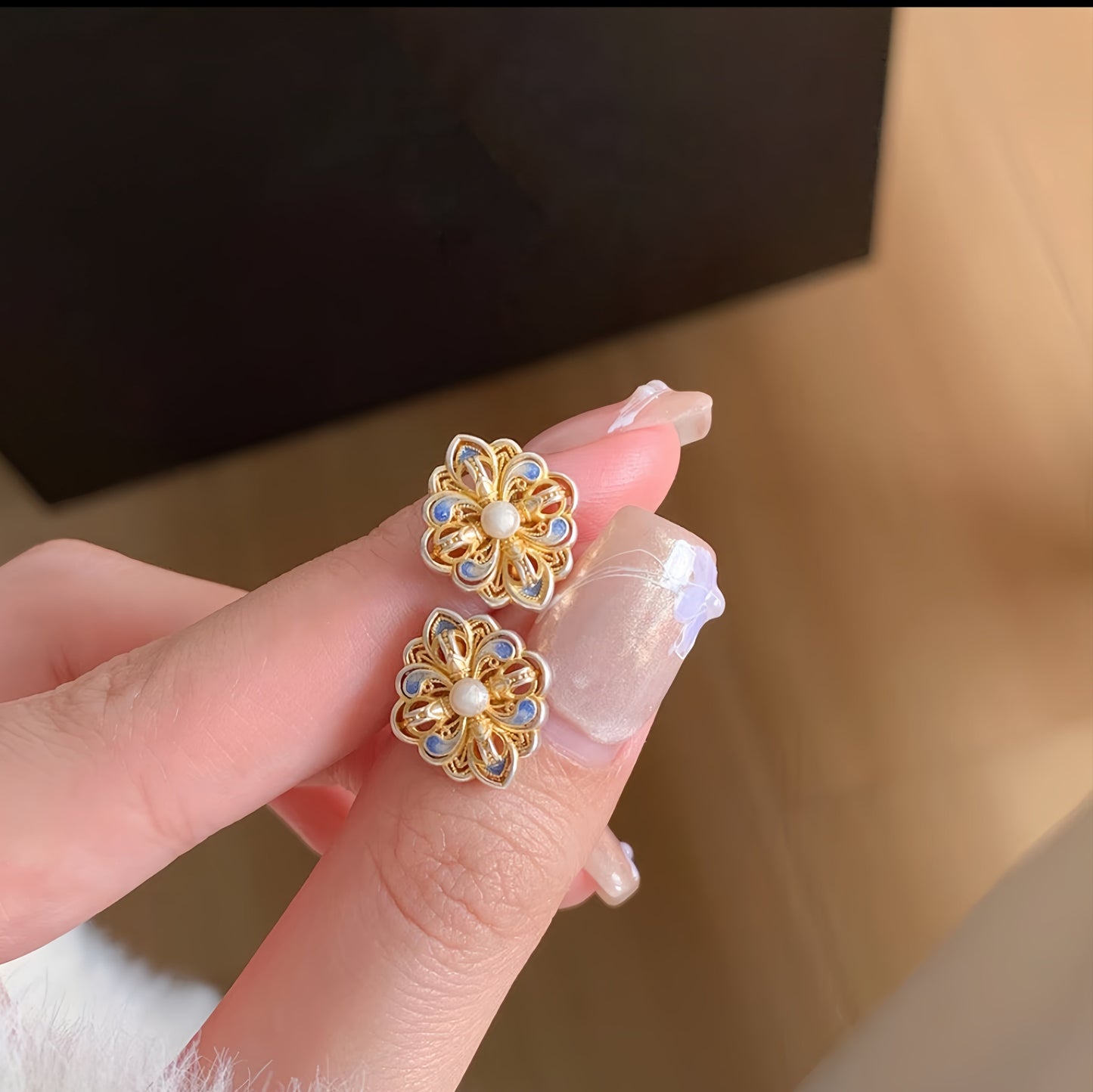 Blue & Gold Enamel Stud Earrings | Semi-Handmade Oriental Jewelry for Her