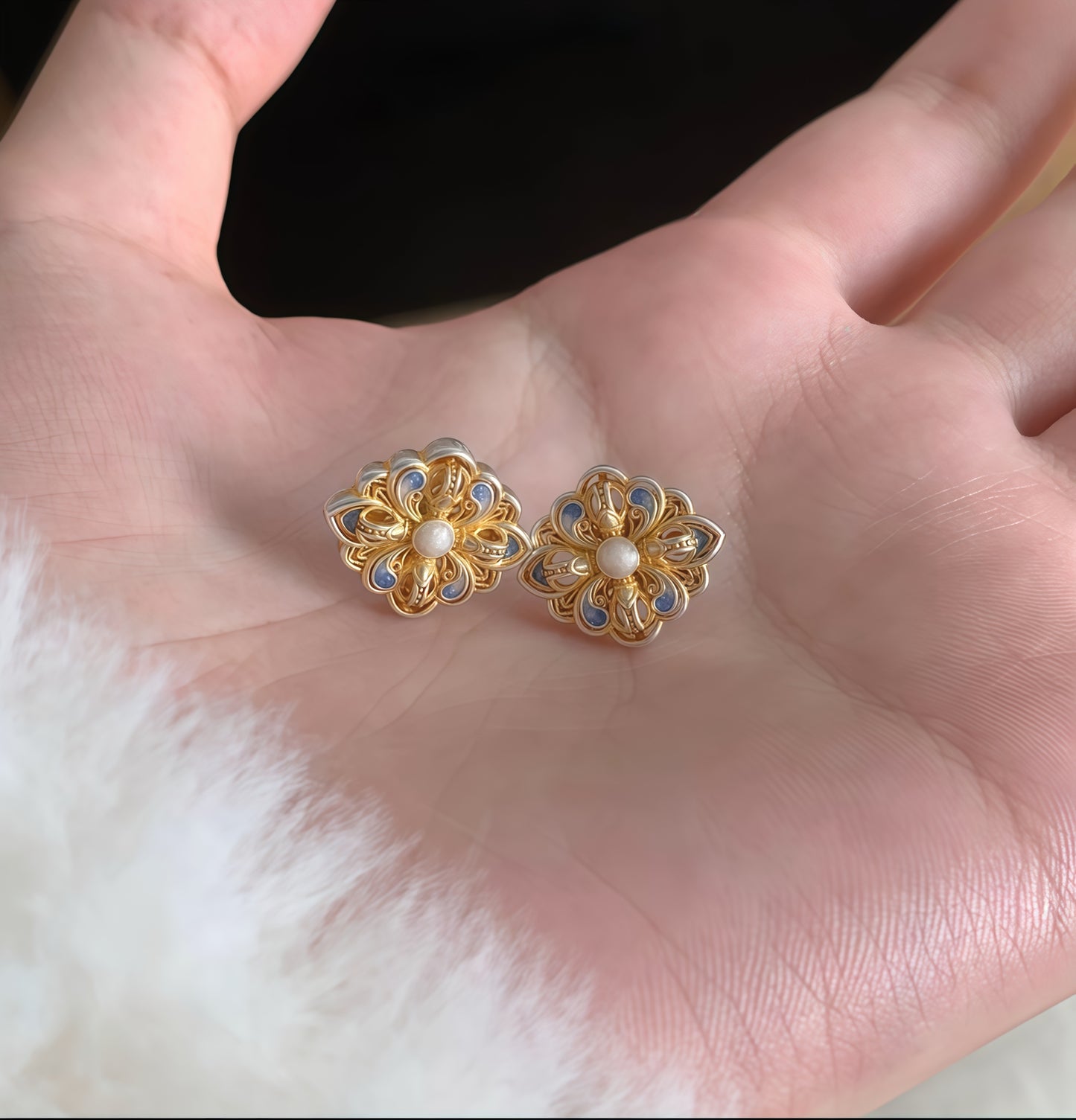 Blue & Gold Enamel Stud Earrings | Semi-Handmade Oriental Jewelry for Her
