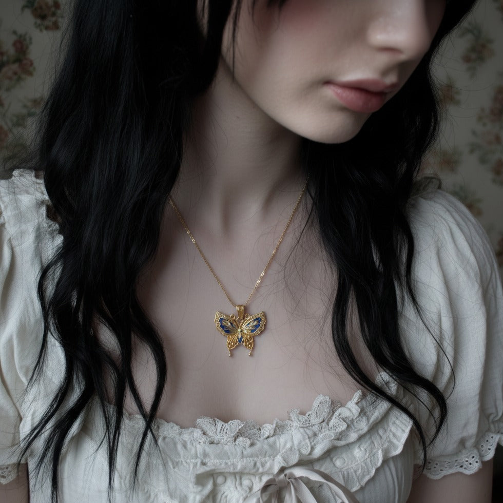 Butterfly Enamel Hollow Silver Pendant | Oriental Graceful Jewelry for Her