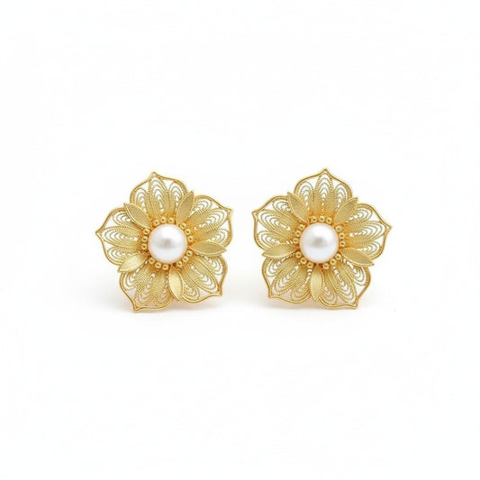 Sakura Filigree Inlay Stud Earrings | Semi-Handmade Gold-Plated Silver Jewelry