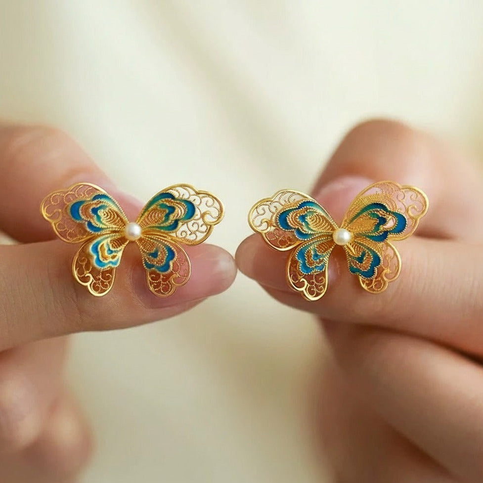 Filigree Inlay Butterfly Earrings | Semi-Handmade Gold-Plated Silver Oriental Jewelry