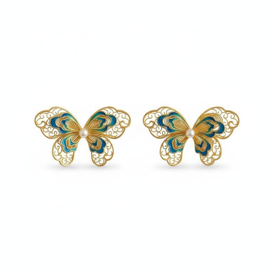 Filigree Inlay Butterfly Earrings | Semi-Handmade Gold-Plated Silver Oriental Jewelry