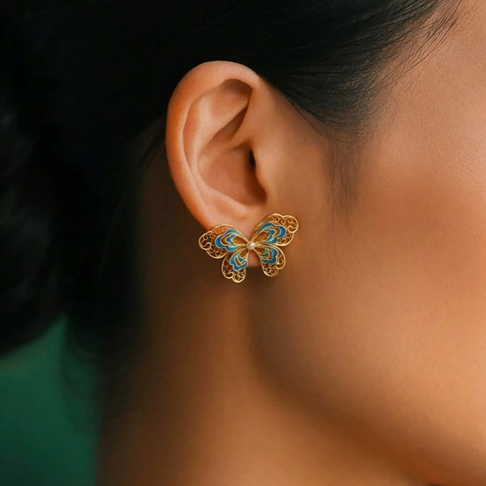 Filigree Inlay Butterfly Earrings | Semi-Handmade Gold-Plated Silver Oriental Jewelry