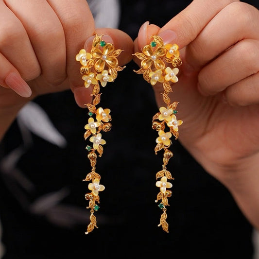 Filigree Inlay Osmanthus Tassel Earrings | Semi-Handmade Gold-Plated Silver Oriental Jewelry