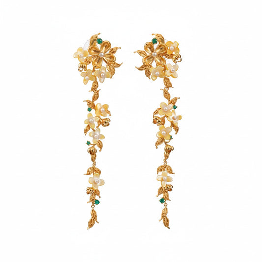 Filigree Inlay Osmanthus Tassel Earrings | Semi-Handmade Gold-Plated Silver Oriental Jewelry