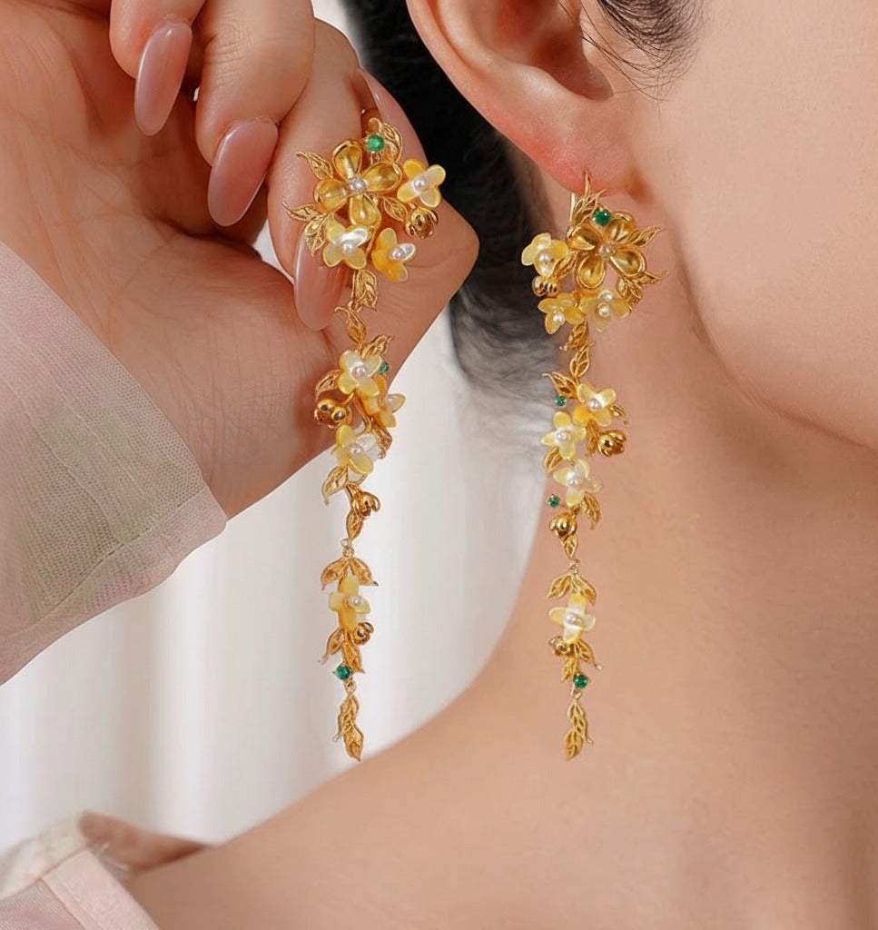 Filigree Inlay Osmanthus Tassel Earrings | Semi-Handmade Gold-Plated Silver Oriental Jewelry