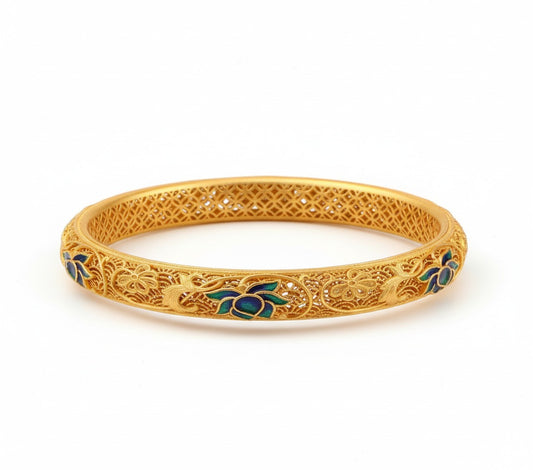 Blue Lotus Hollow Bangle | Semi-Handmade Filigree Inlay Gold-Plated Silver Oriental Bracelet