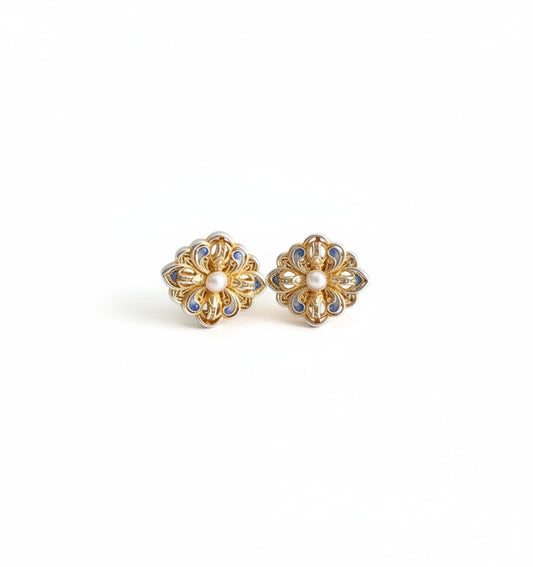 Blue & Gold Enamel Stud Earrings | Semi-Handmade Oriental Jewelry for Her