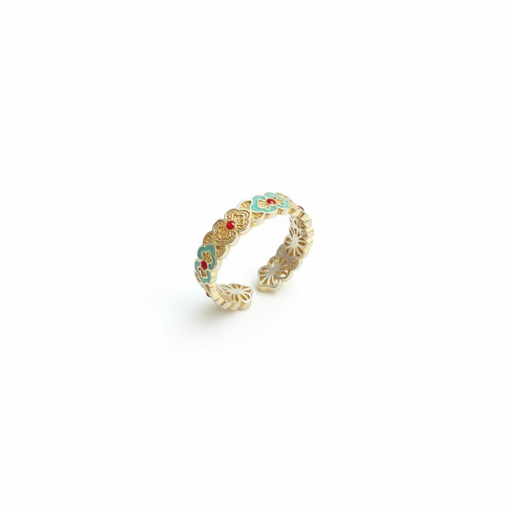 Enamel Petal Silver Bracelet | Elegant Oriental Open Bangle for Women