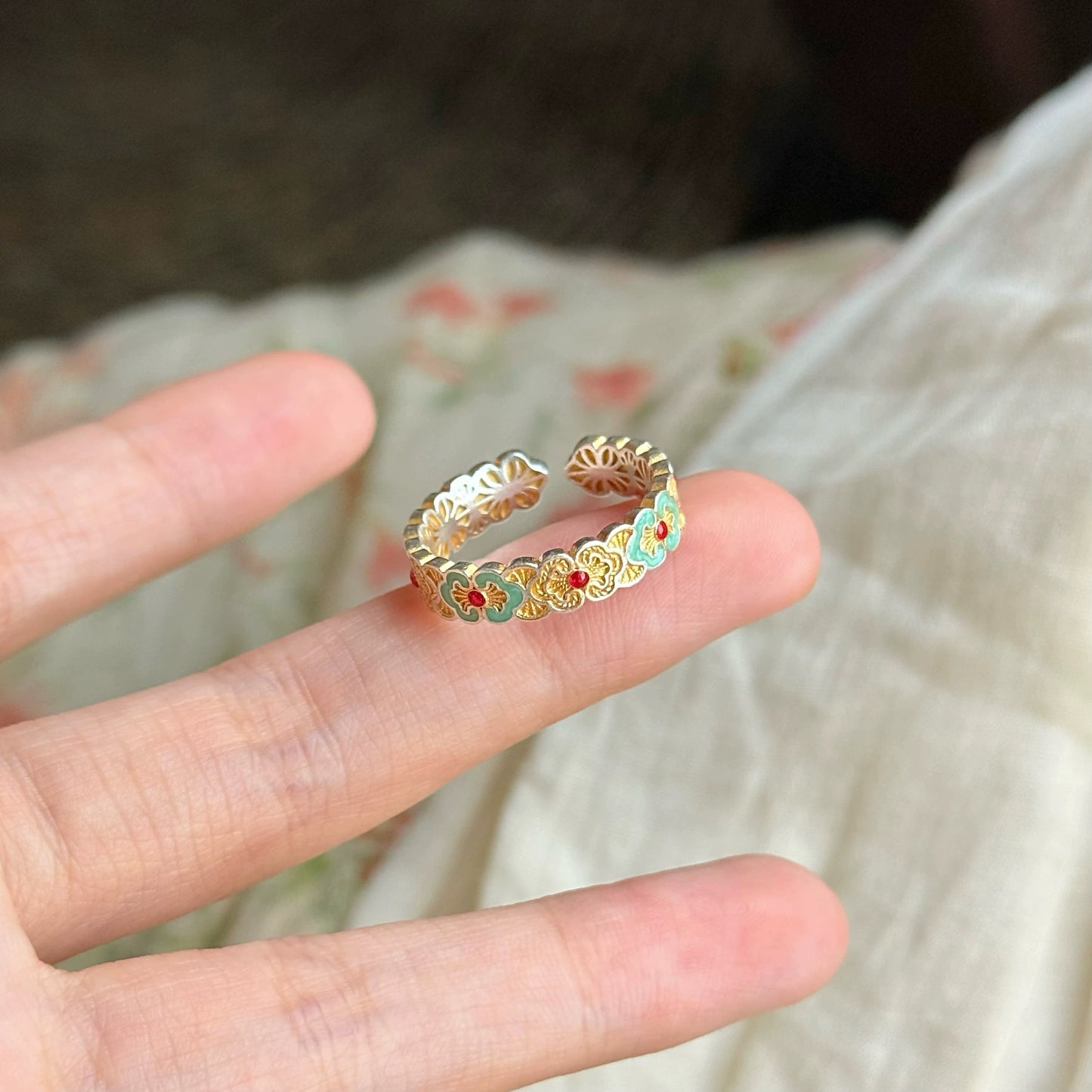 Enamel Petal Silver Bracelet | Elegant Oriental Open Bangle for Women