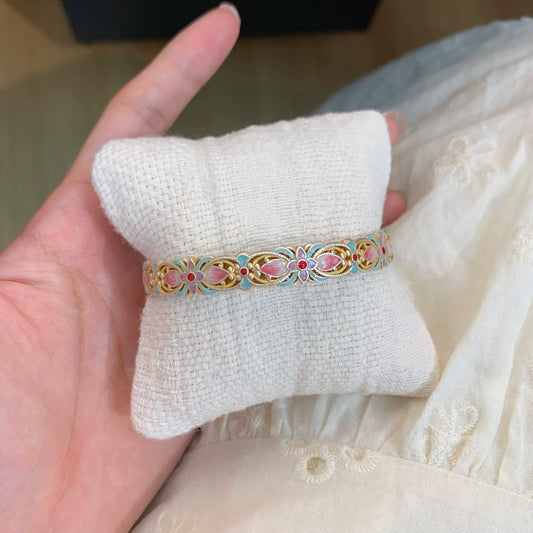 Enamel Petal Silver Bracelet | Elegant Oriental Open Bangle for Women