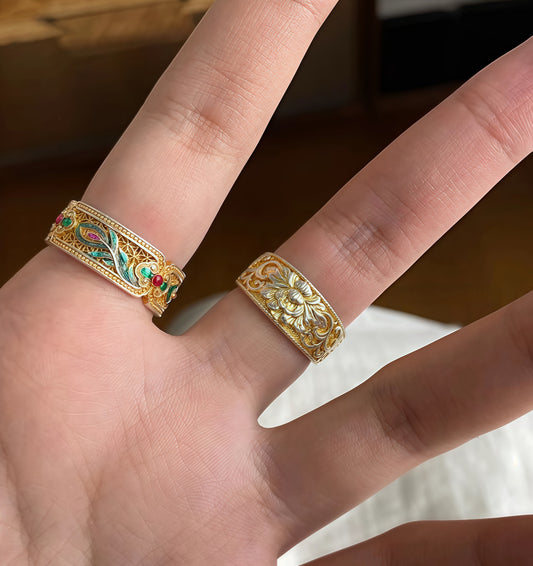 Chrysanthemum Relief Sterling Silver Ring | Semi-Handmade Oriental Elegance
